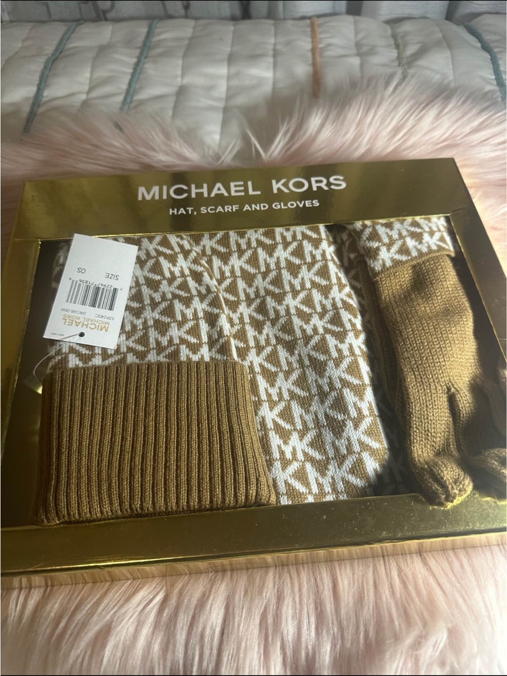 Michael Kors Women's Camel and White Logo Hat, Scarf & Gloves Set